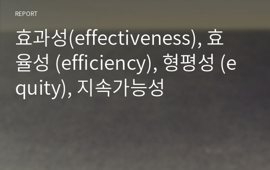 효과성(effectiveness), 효율성 (efficiency), 형평성 (equity), 지속가능성