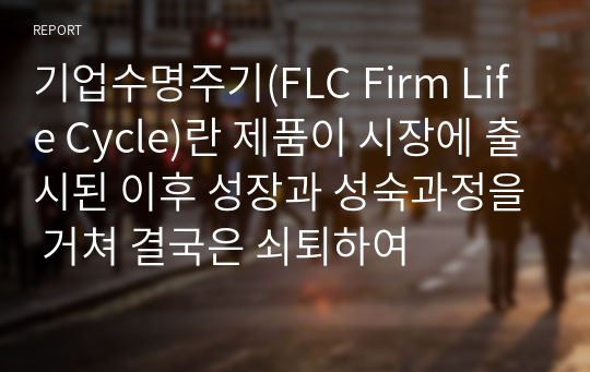 기업수명주기(FLC Firm Life Cycle)란 제품이 시장에 출시된 이후 성장과 성숙과정을 거쳐 결국은 쇠퇴하여